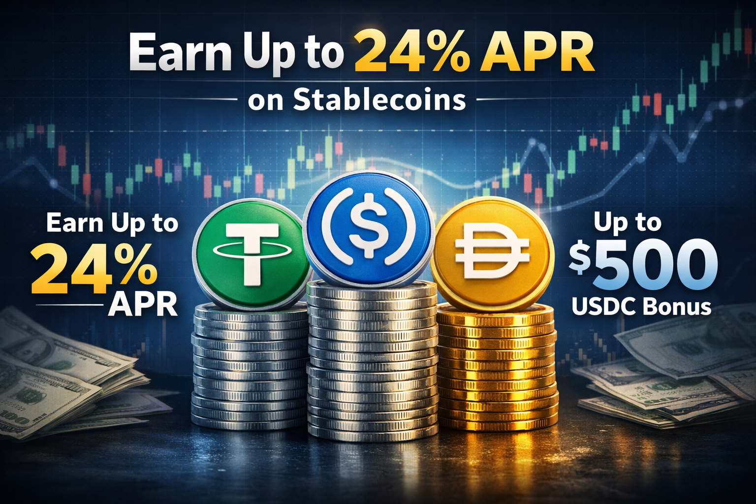 Earn up to 24% APR on stablecoins + up to $500 USDC bonus